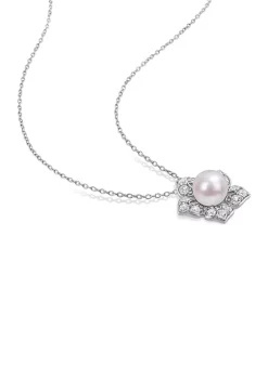 Cheapest 🤩 Lab Created 8.5-9 MM Freshwater Cultured Pearl and 4 1/10 CT TGW Created White Sapphire Flower Earrings and Pendant with Chain in Sterling Silver by Belk & Co. 👏 -DealsBelk & Co. Store Belk 35625