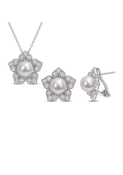 Cheapest 🤩 Lab Created 8.5-9 MM Freshwater Cultured Pearl and 4 1/10 CT TGW Created White Sapphire Flower Earrings and Pendant with Chain in Sterling Silver by Belk & Co. 👏 -DealsBelk & Co. Store Belk 35626