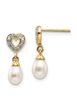Cheap ๐ฅฐ 0.01 ct. t.w. Diamond and 7x5mm Teardrop Freshwater Cultured Pearl Heart Dangle Earrings in 14K Yellow Gold by Belk & Co. ๐