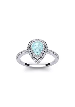 Best Sale ✨ 1cttw Pear Shape Aquamarine and Double Halo Diamond Ring In Sterling Silver by Belk & Co. 🔔