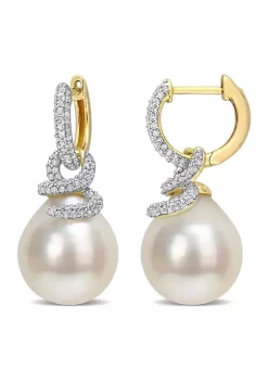 Discount 👍 10-11MM South Sea Cultured Pearl and 1/2 CT TW Diamond Swirl Huggie Earrings in 14k Yellow Gold by Belk & Co. 😉