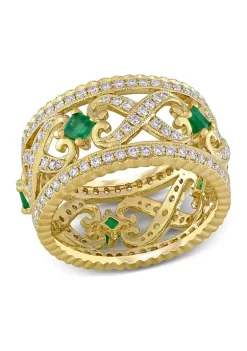 New ✔️ 3/8 ct. t.w. Emerald and 7/8 ct. t.w. Diamond Filigree Vintage Band in 14k Yellow Gold by Belk & Co. 🧨