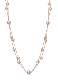 Best Sale 🛒 5-9 Millimeter Natural Pink Cultured Freshwater Pearl Double Chain Tin-Cup 18 Inch Necklace in 14K Rose Gold by Belk & Co. 🌟