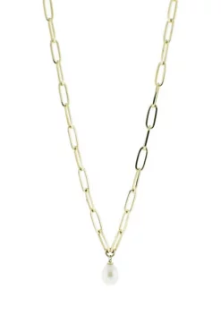 Cheap 🔥 Oval Interlock with 8-8.5 Millimeter White Pearl Necklace in 10K Yellow Gold by Belk & Co. ✔️