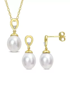 Wholesale 👍 8-9mm South Sea Cultured Freshwater Pearl and White Topaz 2-PC Teardrop Earrings and Pendant w/Chain Set in Yellow Plated Sterling Silver by Belk & Co. ✔️ -DealsBelk & Co. Store Belk 36145