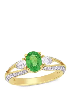 Best Pirce 🌟 1 ct. t.w. Tsavorite and 3/4 ct. t.w. White Topaz Split Shank 3 Stone Ring in 10K Yellow Gold by Belk & Co. ⌛
