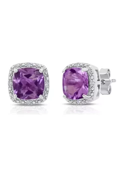Discount 🔥 7 Millimeter Cushion Cut Amethyst and Diamond Accent Halo Stud Earrings in Sterling Silver by Belk & Co. 🌟