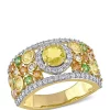 Buy 👏 2.37 ct. t.w. Yellow Orange, Pink Sapphire, 1/4 ct. t.w. Tsavorite and 1/2 ct. t.w. Diamond Halo Cuff Ring in 14k Yellow Gold by Belk & Co. 🔔