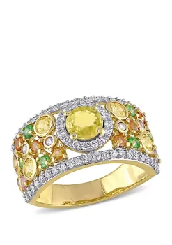 Buy 👏 2.37 ct. t.w. Yellow Orange, Pink Sapphire, 1/4 ct. t.w. Tsavorite and 1/2 ct. t.w. Diamond Halo Cuff Ring in 14k Yellow Gold by Belk & Co. 🔔