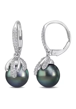 Brand new 👏 9-10mm Black Tahitian Cultured Pearl and 1/3 CT TW Diamond Leverback Earrings in 14k White Gold by Belk & Co. ⭐ -DealsBelk & Co. Store Belk 36501
