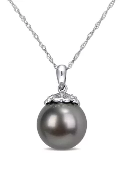 Best Pirce 😍 11 to 12 Millimeter Tahitian Cultured Pearl and 1/10 ct. t.w. Diamond Accent Drop Pendant with Chain in 10k White Gold by Belk & Co. 🥰
