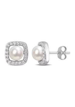 Deals 😍 Lab Created 6-6.5mm Cultured Freshwater Pearl and 3/8 CT TGW Created White Sapphire Halo Stud Earrings in 10k White Gold by Belk & Co. 😀