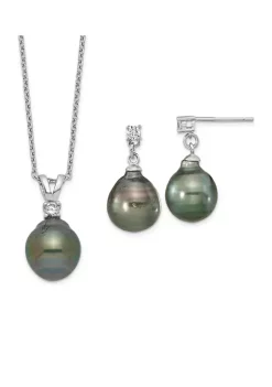 Flash Sale 🧨 Sterling Silver Rhodium-plated 9-10mm Teardrop Tahitian Saltwater Pearl Cubic Zirconia Earrings and Necklace Set by Belk & Co. 😀 -DealsBelk & Co. Store Belk 36636