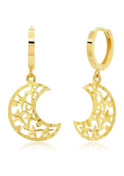 Hot Sale ๐งจ Genuine 14K Yellow Gold Minimalist Huggie Hoop Earrings with Dangle Diamond-Cut Crescent Moon & Star Charm by Belk & Co. ๐งจ