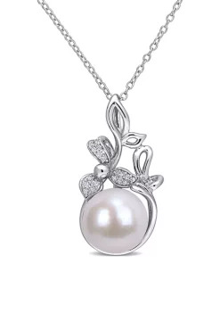 Deals 🛒 11-12 MM Cultured Freshwater Pearl and Diamond-Accent Floral Pendant with Chain in Sterling Silver by Belk & Co. 🔔