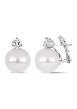 Best Pirce ❤️ 13-14 Millimeter Cultured Freshwater Pearl and 1 ct. t.w. Diamond Stud Earrings in 18k White Gold by Belk & Co. 🎉
