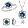 Cheap 🛒 3-Piece Set of 3.05 ct. t.g.w. London Blue Topaz and 1/3 ct. t.w. Diamond Halo Earrings, Pendant with Chain and Ring in 10K White Gold by Belk & Co. 👍