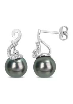 Best Sale 💯 8-9mm Black Tahitian Cultured Pearl and Diamond Accent Swirl Drop Stud Earrings in Sterling Silver by Belk & Co. 🔔