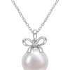 Hot Sale 😍 Lab Created 12-12.5mm Freshwater Cultured Pearl and Created White Sapphire Bow Pendant with Chain in Sterling Silver by Belk & Co. ⌛