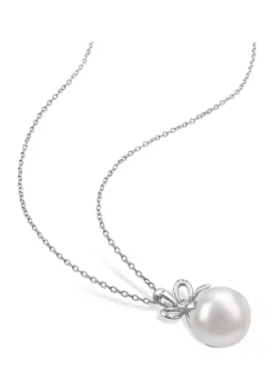 Hot Sale 😍 Lab Created 12-12.5mm Freshwater Cultured Pearl and Created White Sapphire Bow Pendant with Chain in Sterling Silver by Belk & Co. ⌛ -DealsBelk & Co. Store Belk 37013