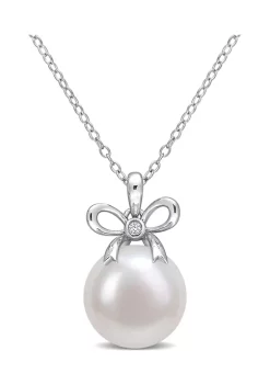 Hot Sale 😍 Lab Created 12-12.5mm Freshwater Cultured Pearl and Created White Sapphire Bow Pendant with Chain in Sterling Silver by Belk & Co. ⌛ -DealsBelk & Co. Store Belk 37014