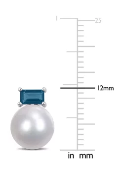 Hot Sale 😍 9-9.5mm Cultured Freshwater Pearl and 4/5 CT TGW Baguette London-Blue Topaz Stud Earrings in 10k White Gold by Belk & Co. ✨ -DealsBelk & Co. Store Belk 37158