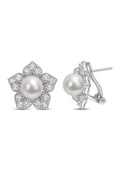 Flash Sale 🥰 Lab Created 8.5-9mm Freshwater Cultured Pearl and 2 3/4 CT TGW Created White Sapphire Floral Earrings in Sterling Silver by Belk & Co. 🎉
