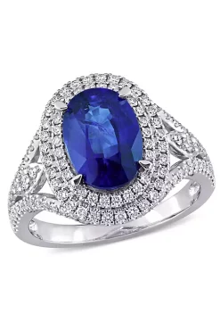 Best Pirce 🔔 3.2 ct. t.g.w. Blue Sapphire and 3/4 ct. t.w. Diamond Halo Cocktail Ring in 14K White Gold by Belk & Co. 👏
