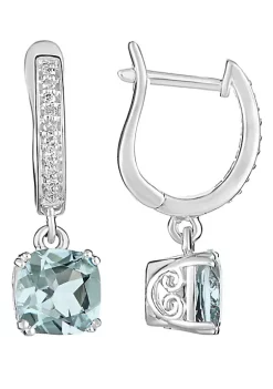 Deals 🌟 Sterling Silver 7mm Cushion Aquamarine 1/10 CTTW Diamond Drop Earrings by Belk & Co. 💯