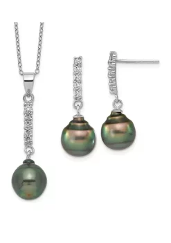 Hot Sale 🧨 Sterling Silver Rhodium-plated 9-10mm Tahitian Saltwater Pearl Cubic Zirconia Earrings and Necklace Set by Belk & Co. 🔥 -DealsBelk & Co. Store Belk 37402