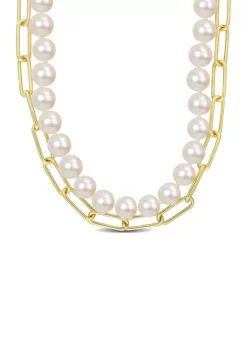 Wholesale 🥰 7-7.5 MM Cultured Freshwater Pearl and 5 MM Link Chain Layered Necklace in 18k Gold Plated Sterling Silver by Belk & Co. ✨ -DealsBelk & Co. Store Belk 37442