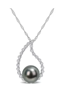 Buy ❤️ 8-8.5mm Black Tahitian Cultured Pearl and 3/8 CT TGW White Sapphire Teardrop Pendant with Chain in 10k White Gold by Belk & Co. 😀