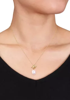 Brand new 🌟 10-10.5 Millimeter Cultured Freshwater Pearl and Diamond Flower Pendant With Chain in 10k Yellow Gold by Belk & Co. ✨ -DealsBelk & Co. Store Belk 37702