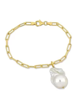 New ❤️ 13-14mm Freshwater Cultured Pearl 3.5mm Paperclip Link Bracelet in 18k Yellow Gold Plated Sterling Silver by Belk & Co. 💯