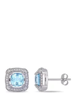 Buy 😀 2.38 ct. t.w. Blue Topaz, 1/8 ct. t.w. White Sapphire and 1/5 ct. t.w. Diamond Halo Stud Earrings in 10k White Gold by Belk & Co. 🔔