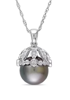 Best Sale 🎉 Pearl and 1/4 ct. t.w. Diamond Vintage Drop Necklace in 14K White Gold by Belk & Co. 🔥