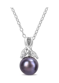 Deals 👍 7.5-8mm Black Freshwater Cultured Pearl and Diamond Accent Floral Pendant with Chain in Sterling Silver by Belk & Co. ⌛