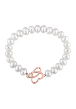 Wholesale ๐ 7-7.5 Millimeter Cultured Freshwater Pearl Butterfly Charm Link Bracelet in Rose Plated Sterling Silver by Belk & Co. ๐