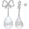 Promo 👏 13-13.5 Millimeter Cultured Freshwater Pearl and 1/2 ct. t.w. Diamond Bow Dangle Earrings in 14K White Gold by Belk & Co. 🛒