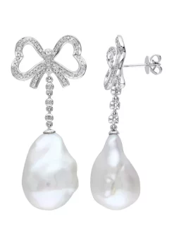 Promo 👏 13-13.5 Millimeter Cultured Freshwater Pearl and 1/2 ct. t.w. Diamond Bow Dangle Earrings in 14K White Gold by Belk & Co. 🛒 -DealsBelk & Co. Store Belk 38146