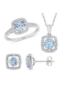 Buy 🥰 3-Piece Set of 3 ct. t.g.w. Sky Blue Topaz and 1/3 ct. t.w. Diamond Halo Earrings, Pendant with Chain and Ring in 10K White Gold by Belk & Co. 🎉