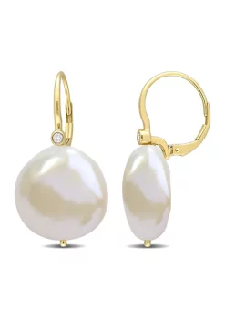 Brand new ⌛ 17.5-18mm Cultured Freshwater Pearl and Diamond Accent Leverback Earrings in 14k Yellow Gold by Belk & Co. ⭐