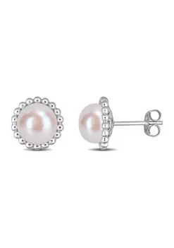 Discount 🔔 8-8.5 Millimeter Cultured Freshwater Pearl Halo Stud Earrings in 10k White Gold by Belk & Co. ⭐