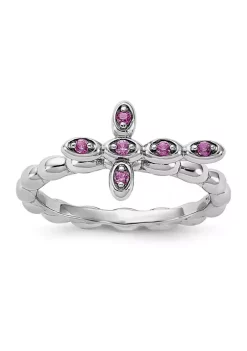 Best Pirce ๐งจ Lab Created 1/8 ct. t.w. Created Ruby Stackable Expressions Rhodium Plated Cross Ring in Sterling Silver by Belk & Co. โจ