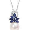 Best Pirce 😀 9.5-10mm Cultured Freshwater Pearl and 3/8 CT TGW Sapphire and and Diamond Accent Flower Pendant with Chain in 14k White Gold by Belk & Co. 🎁
