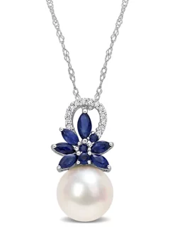 Best Pirce 😀 9.5-10mm Cultured Freshwater Pearl and 3/8 CT TGW Sapphire and and Diamond Accent Flower Pendant with Chain in 14k White Gold by Belk & Co. 🎁