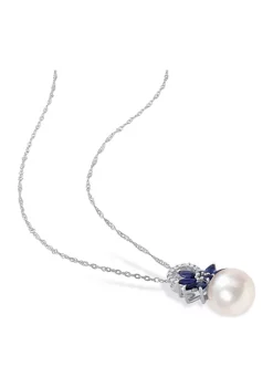 Best Pirce 😀 9.5-10mm Cultured Freshwater Pearl and 3/8 CT TGW Sapphire and and Diamond Accent Flower Pendant with Chain in 14k White Gold by Belk & Co. 🎁 -DealsBelk & Co. Store Belk 38533