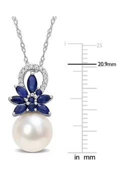 Best Pirce 😀 9.5-10mm Cultured Freshwater Pearl and 3/8 CT TGW Sapphire and and Diamond Accent Flower Pendant with Chain in 14k White Gold by Belk & Co. 🎁 -DealsBelk & Co. Store Belk 38534