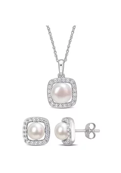 Promo 💯 2-Piece Set of 6-7.5MM Freshwater Cultured Pearl and 3/5 ct. t.g.w. Created White Sapphire Earrings and Pendant with Chain in 10K White Gold by Belk & Co. 🔔 -DealsBelk & Co. Store Belk 38541