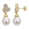 New 👏 9-9.5 Millimeter Freshwater Cultured Pearl and 1/5 ct. t.w. Diamond Floral Drop Earrings in 10k Yellow Gold by Belk & Co. ⌛